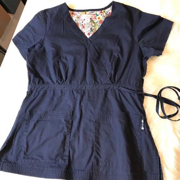 koi Tops - Koi Navy Blue Scrub Top Size S, Drawstring Waist